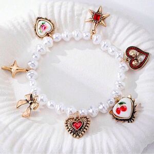XMAS SALE Gold Red and White Coquette Pearl Charm Bracelet